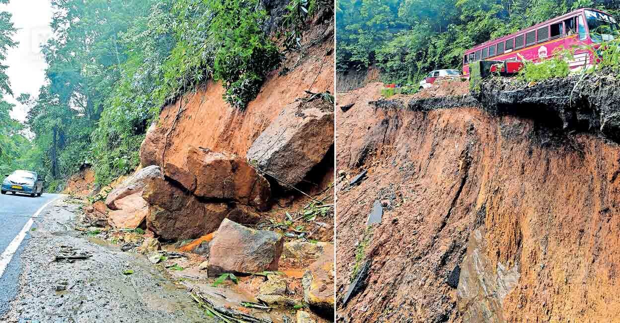1. Near the 5th Mile on the Neriyamangalam–Adimali Road, boulders from a mudslide are seen along the side of the Kochi–Dhanushkodi National Highway. 2. Near the 1st Mile on the same route, soil erosion beneath the Kochi–Dhanushkodi Highway at an ongoing construction site has left the road in a hazardous condition. Photo: Reju Arnold/Manorama