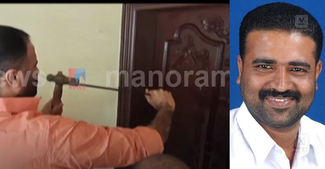 kollam-bank The MLA opening the locked door (left). MLA CR Mahesh (right). Photo: Special Arrangement