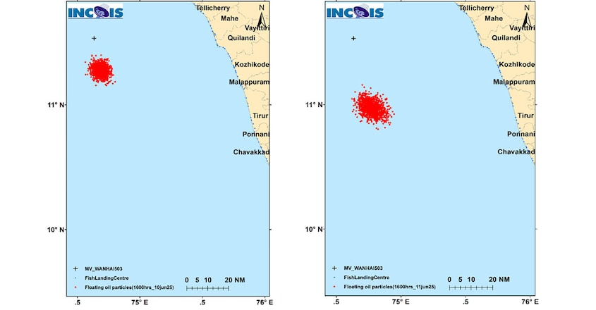 incois-map-1 Figure 2: Probable oil drift pattern along Kerala coast