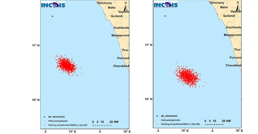 incois-map-2 Figure 2: Probable oil drift pattern along Kerala coast