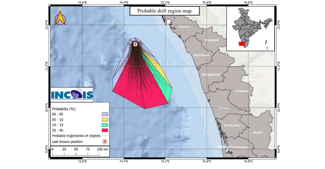 incois-map Figure 1: Probable drift areas of overboard containers, persons, debris.