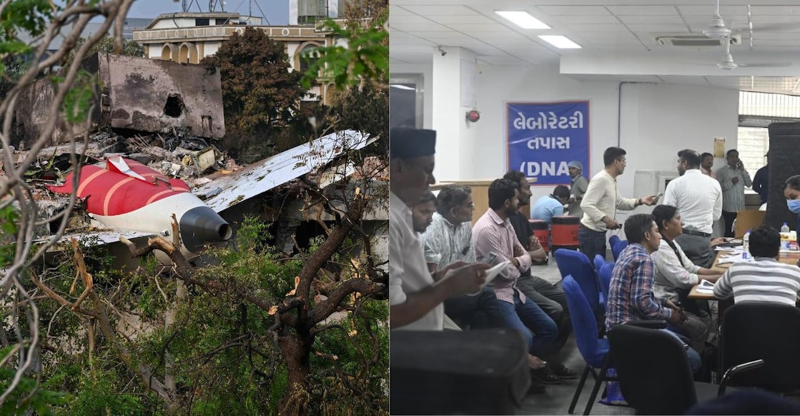 ahd crash dna centre Wreckage showing the tail section of the Air India Boeing 787-8 is pictured in a residential area near the airport. Scene from the DNA collection centre. Photo: Punit PARANJPE / AFP | Special Arrangement