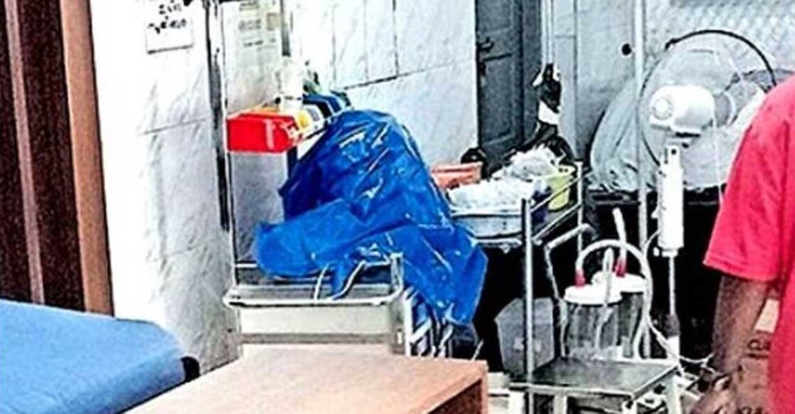 The valuable equipment inside the children's ICU at Thalassery General Hospital, which was closed due to leakage, is now covered with plastic sheets and stored outside the ICU. Photo: Manorama