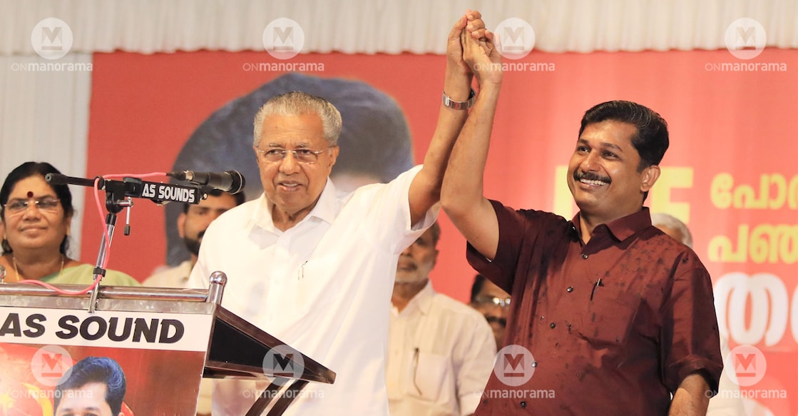 Chief Minister Pinarayi Vijayan with LDF candidate M Swaraj during the Nilambur bypoll campaign at Pothukallu on Sunday. Photo: Albin Mathew