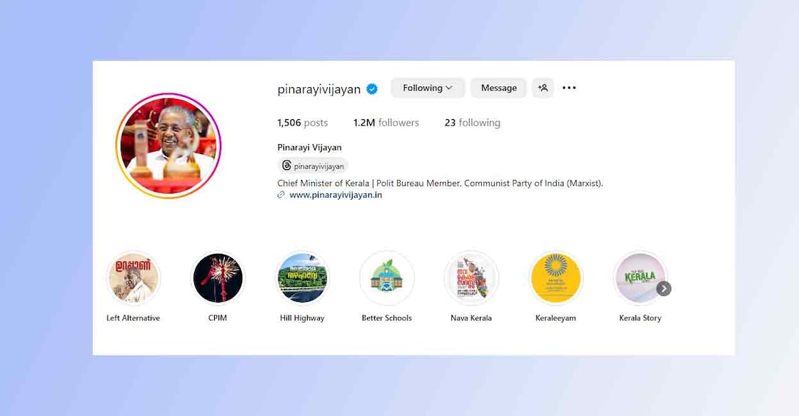 A screenshot of Chief Minister Pinarayi Vijayan's Instagram page. 