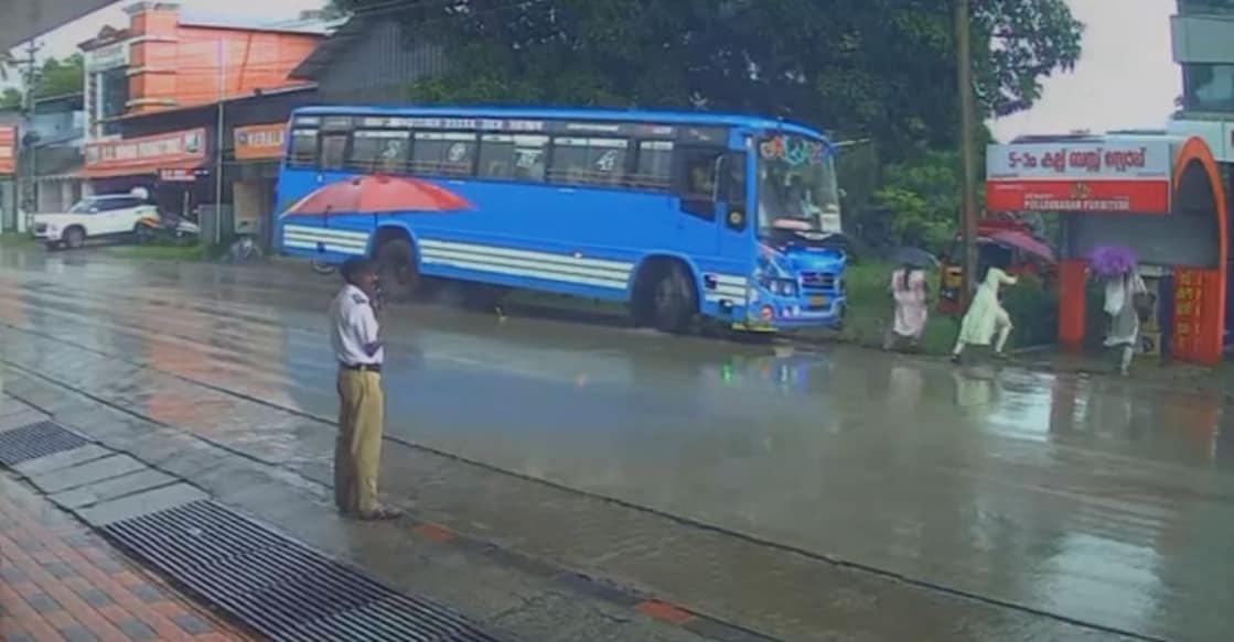 Bus accident thrissur Al-Asa bus crashing into the bus shelter. Photo: Special arrangement.