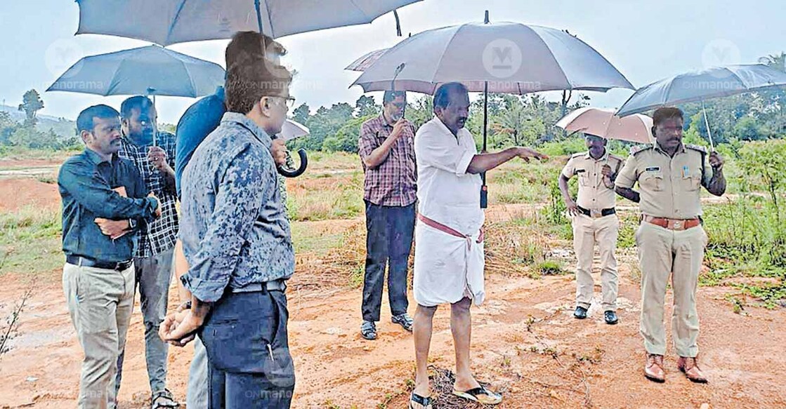 Minister O R Kelu and delegation inspecting the site identified at Thrissilery for the proposed Government Model College. Photo: Manorama