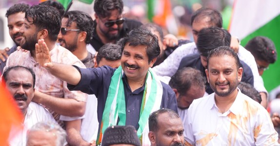Aryadan Shoukath Aryadan Shoukath during victory celebrations after the Nilambur bypoll win. Photo: Special Arrangement