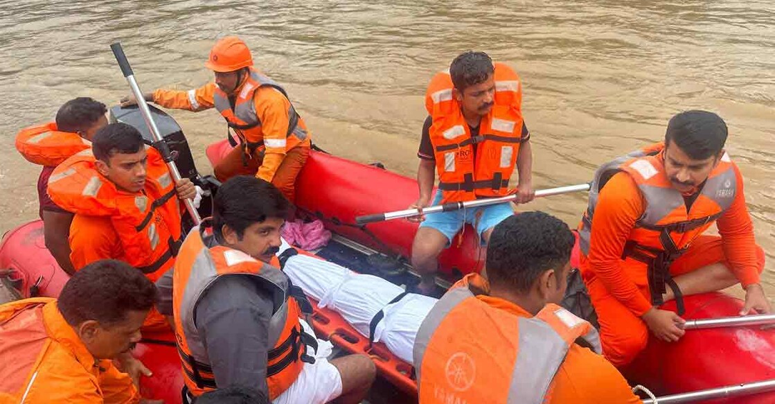 Nilambur MLA Aryadan Shoukath was stranded in the Munderi forests for three hours after their dinghy's engine failed. Photo: Manorama