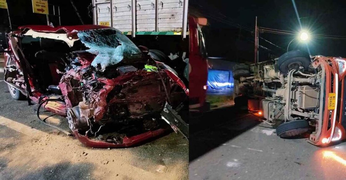അടൂരിൽ അപകടത്തിൽപ്പെട്ട കാറും ലോറിയും (Photo: Manorama News)
