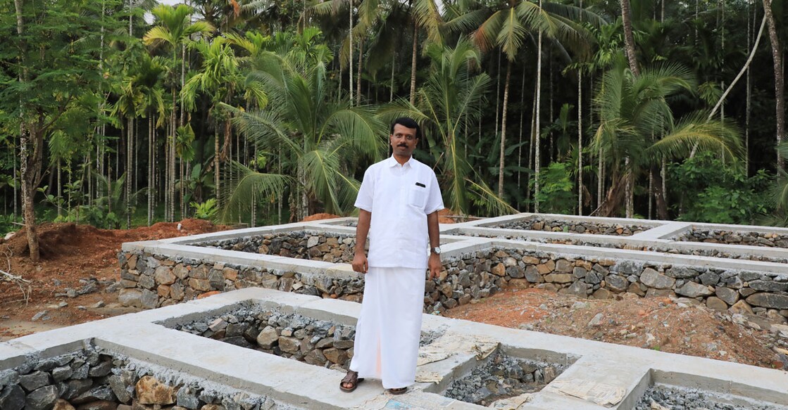 Pothukallu’s independent panchayat member Dileep M S has helped crowdfund several houses, but his own has remained at foundation level for the past eight years. Photo: Albin Mathew