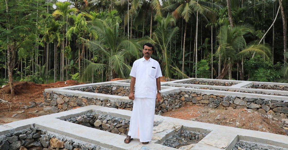 dileep-m-s-kavalappara Pothukallu’s independent panchayat member Dileep M S has helped crowdfund several houses, but his own has remained at foundation level for the past eight years. Photo: Albin Mathew