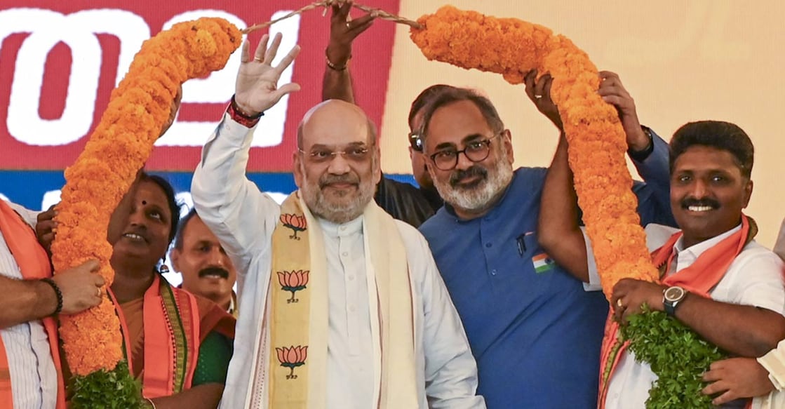 Rajeev Chandrasekhar with Union Home Minister Amit Shah. Photo: PTI. 
