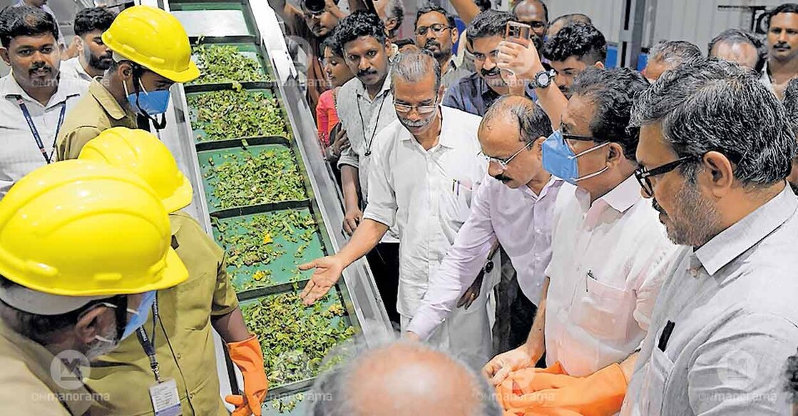 Minister M B Rajesh inaugurating the OWC plant whose construction has been completed at Kuriyachira. Mayor M K Vargeese and P K Shajan are also present. Photo: Special arrangement