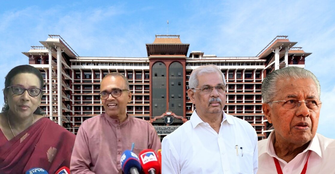 Ciza Thomas, K Sivaprasad, Rajendra Arlekar and Pinarayi Vijayan. Photo: Manorama News/Onmanorama