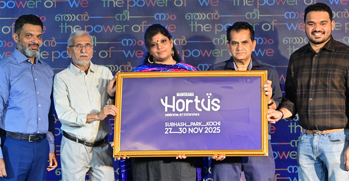 Malayala Manorama Executive Editor Jayant Mammen Mathew, Hortus Festival Director N S Madhavan, writer Narayani Basu, former NITI Aayog CEO Amitabh Kant, and Dr Tom M Joseph, Director of New Initiatives at Jain University, jointly releasing the logo of Hortus at a function in Delhi marking the festival’s national proclamation. Photo: Manorama