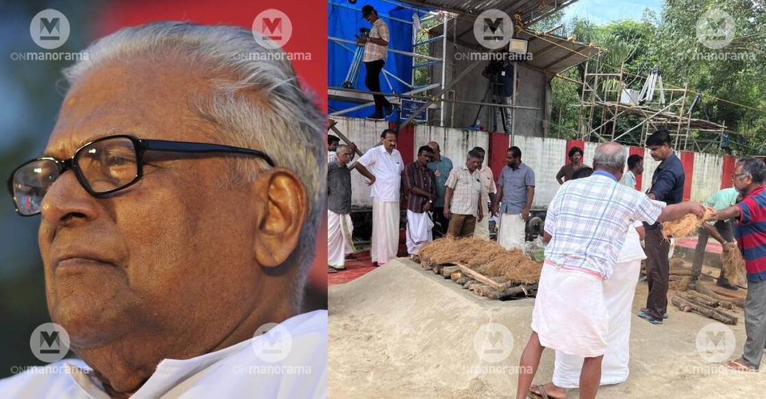 VS Achuthanandan (L) and CPM activists busy with preparations for the leader&#39;s funeral at Valiyachudkad (R). Photo: Manorama/ Special Arrangement