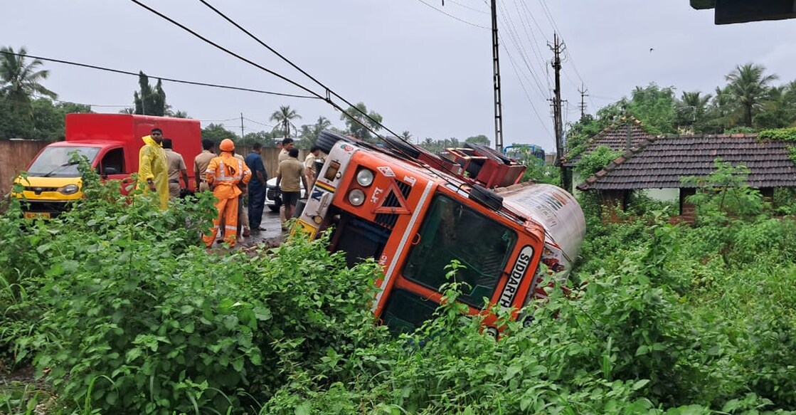 The overturned LPG tanker in Kanhangad. Photo: Special arrangement