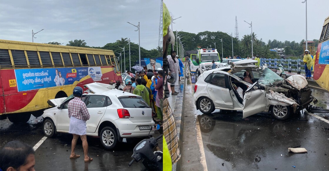 The car and KSRTC bus involved in the accident that claimed one life in Kozhikode on Friday. Photo: Special Arrangement
