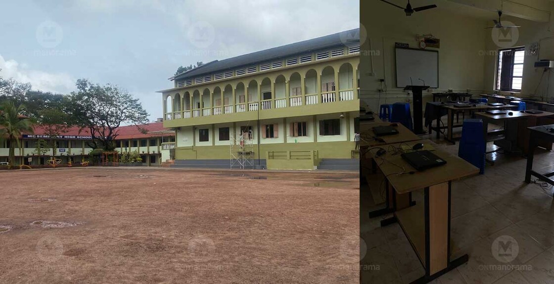 MD Seminary school and inside a classroom when the power supply was discontinued. Photo: Vaishnavi M Nair/Onmanorama