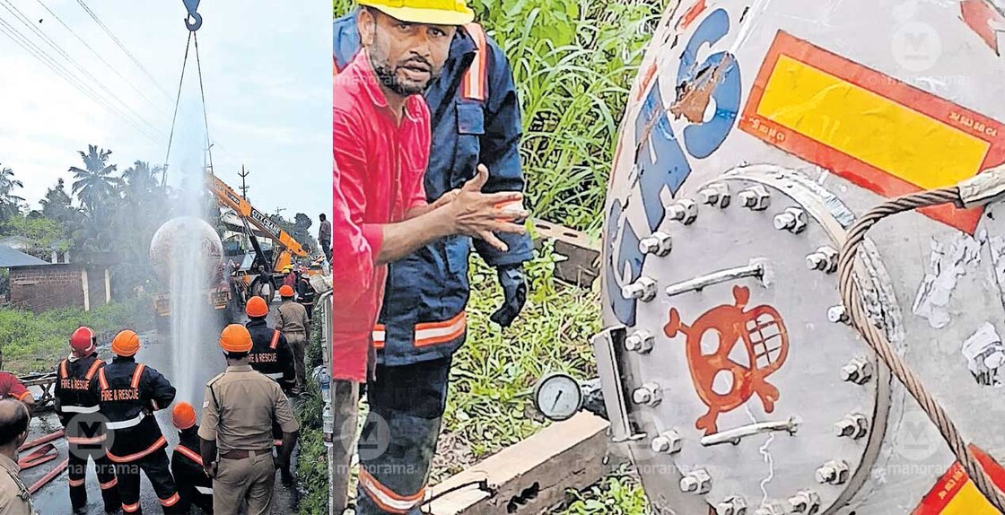 The gas tanker that overturned at Kovval Store, Kanhangad, being lifted (L), rescue teams examine the exact spot where the gas leak occurred. Photo: Special arrangement