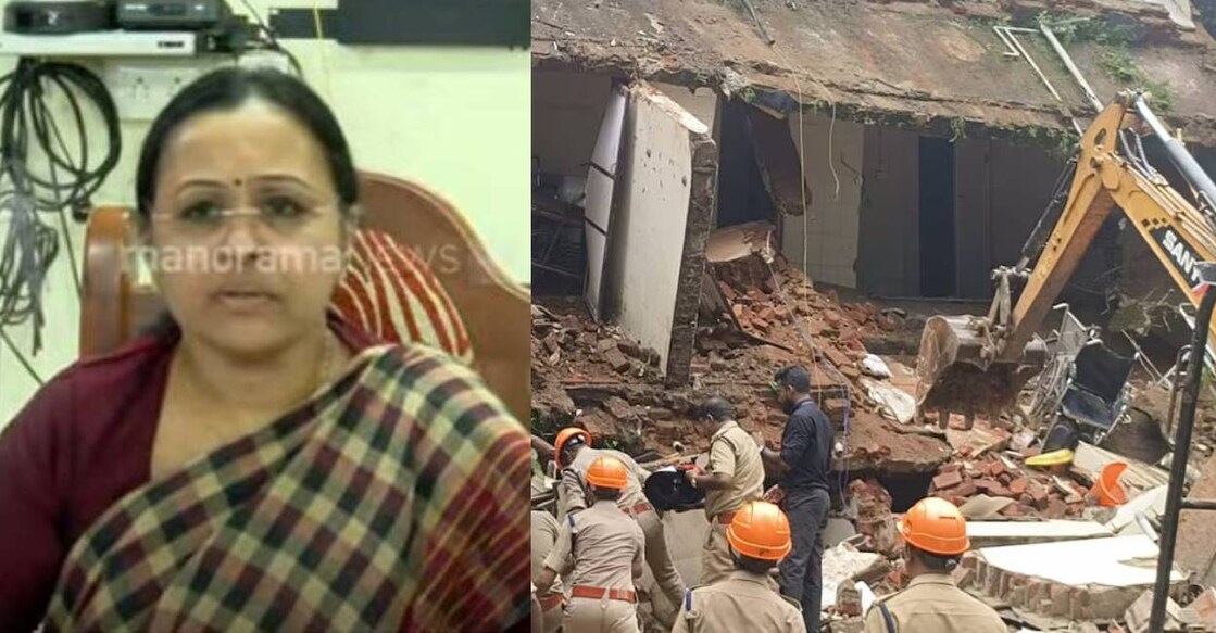 Health Minister Veena George addresses media in Kottayam (left), a view of the building collapsed in Kottayam Medical College. Photo: Manorama