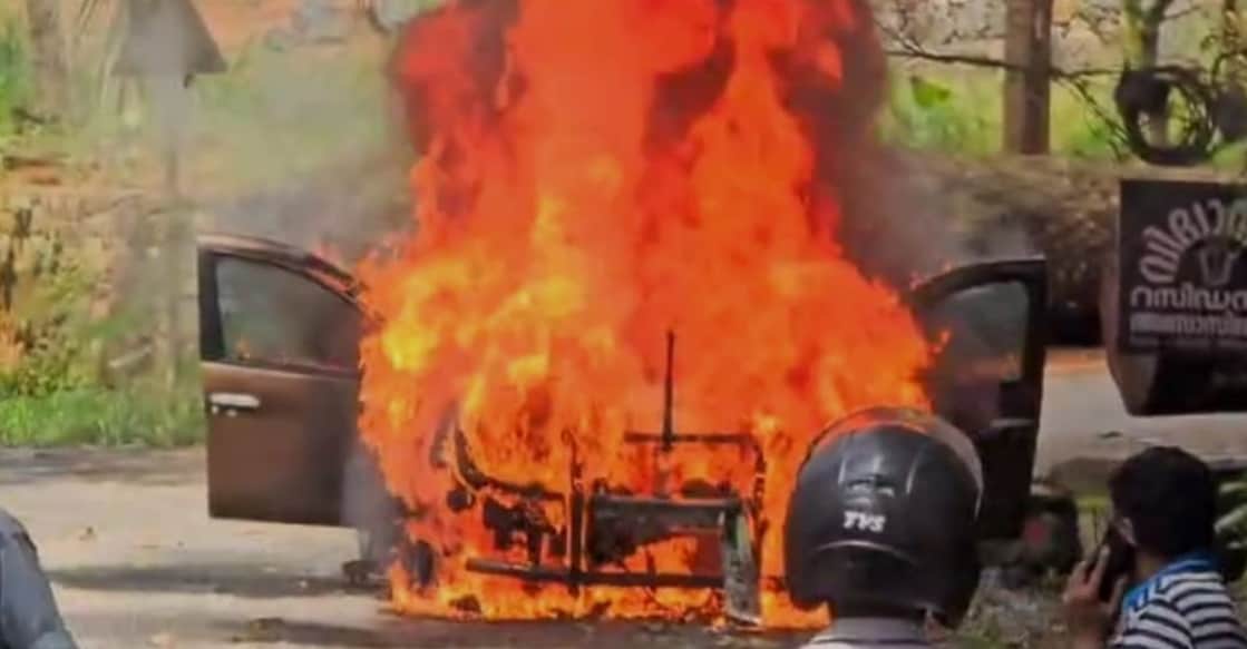 A car catches on fire in Idukki. Photo:  Special Arrangement.