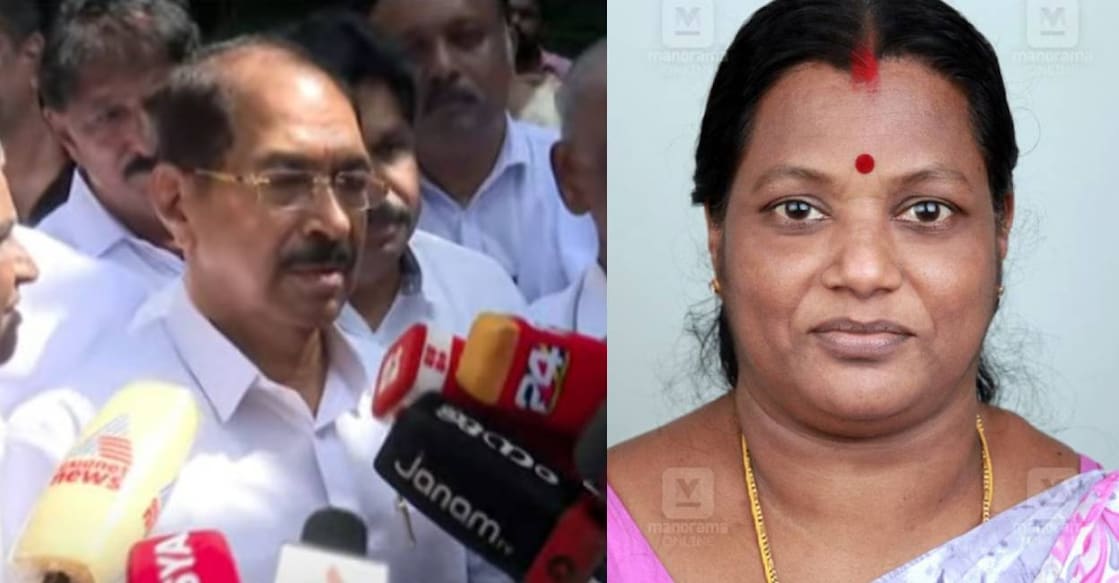 KPCC president Adv Sunny Joseph addresses media (left) and Bindu who killed in the building collapse in Kottayam Medical College (right). Photo: Manorama 