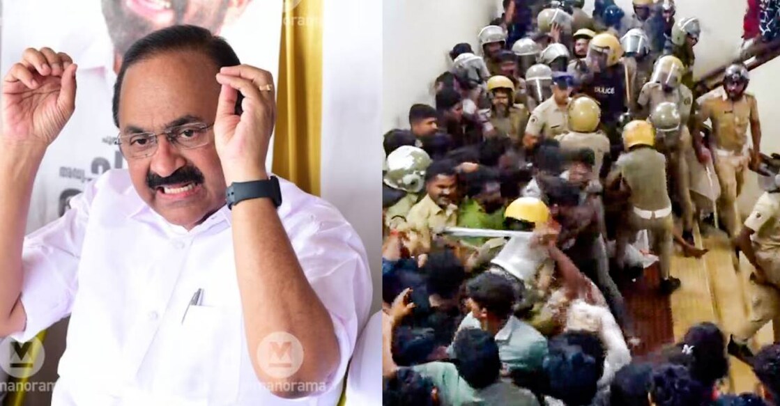 Satheesan (left) and SFI activists clash with police inside Kerala University administration block (right). Photo: Manorama, PTI