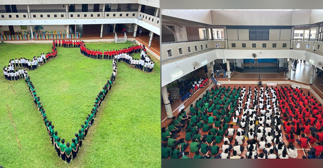 The giant map of India formed by 220 students of Mar Baselios Public School, Kottayam. Photo: Special Arrangement