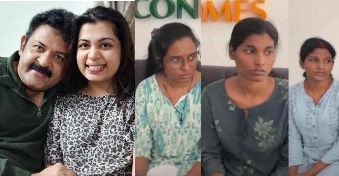 G Krishnakumar and Diya Krisha (left) and the three employees booked in the case. Photo:  Instagram/ G Krishnakumar, Manorama News