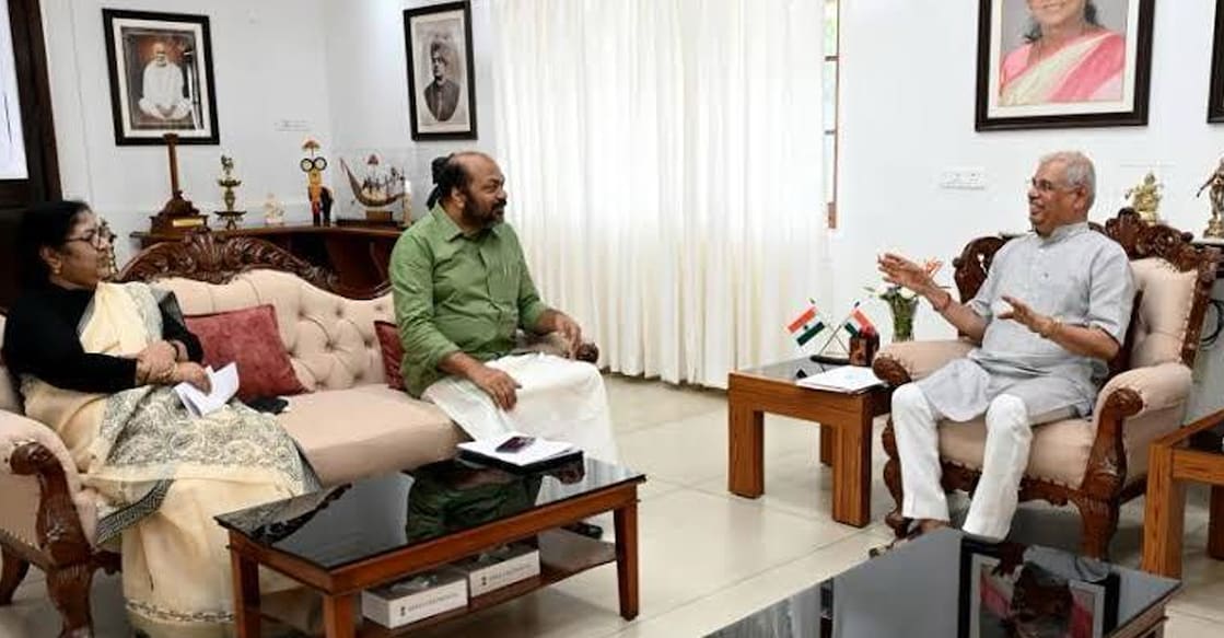 P Rajeev and R Bindhu during a meeting with Governor Rajendra Vishwanath Arlekar at the Raj Bhavan on Sunday. Photo: Kerala Higher Education Minister office/IANS
