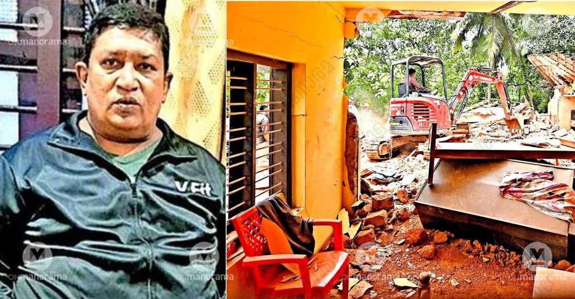 Anoop Malik at Hosdurg Police Station (L) and a view of the house collapsed in the explosion at Keezhara in Kannur (R). Photo: Manorama