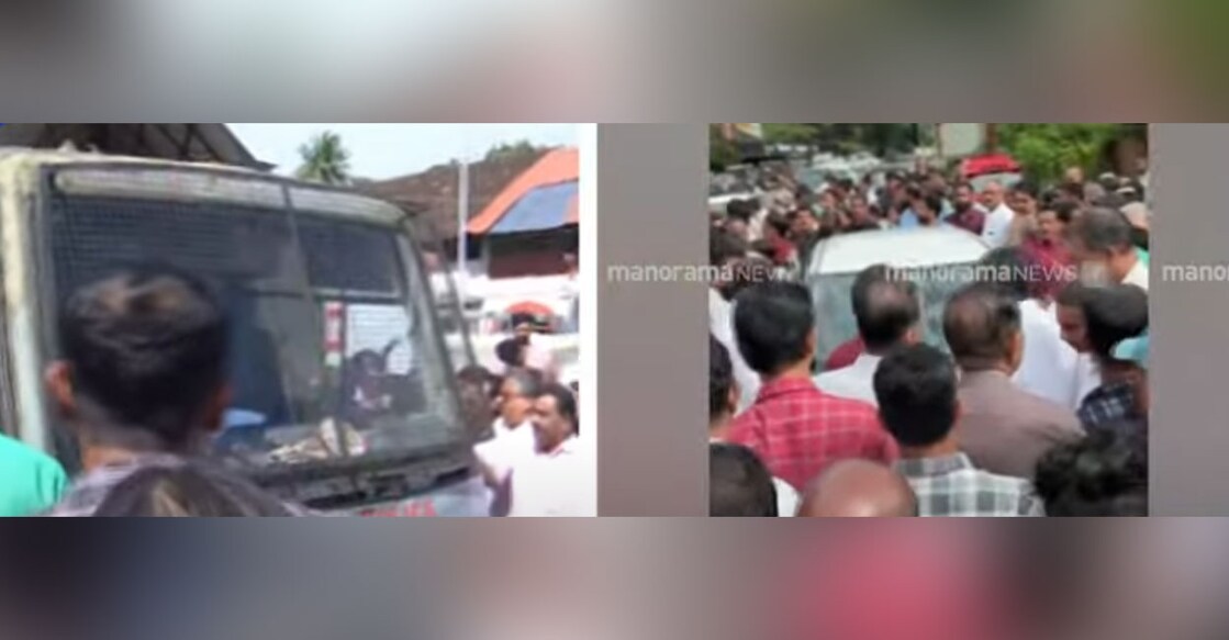CPM workers shout slogans at the vehicle transporting the convicts to jail. Photo: Screengrab/Manorama News