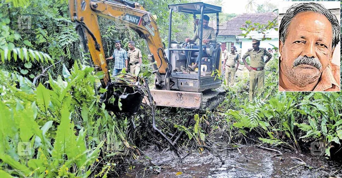 Police conducting a search at Sebastian's residence in Cherthala, and Sebastian is seen in the inset. Photo: Manorama Online