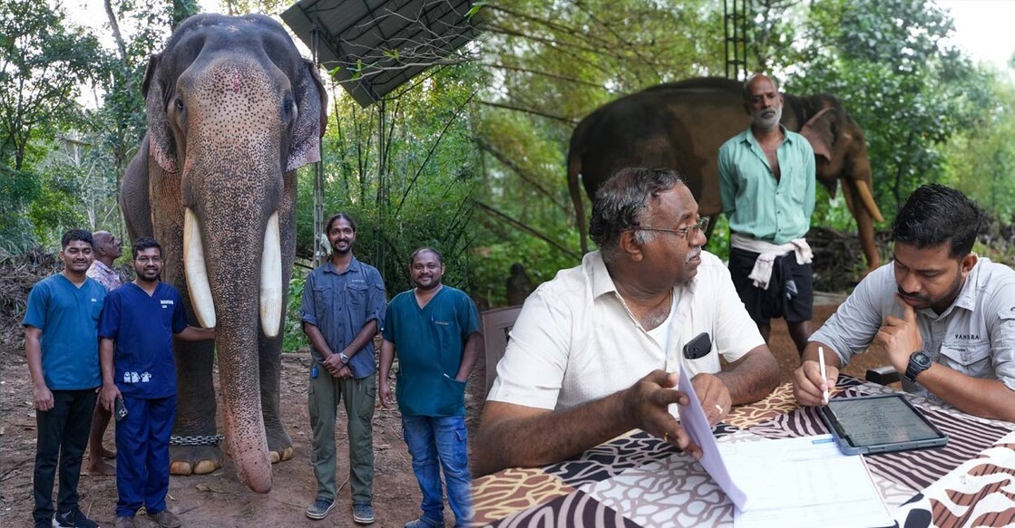 1) From left: Vaisakh Viswom, Amar Gharat, Prithesh Tayade, Samagra Bharadwaj. 2) Vaisakh Viswom in conversation with the owner of the elephant Pothen Varghese. Photos: Special arrangement