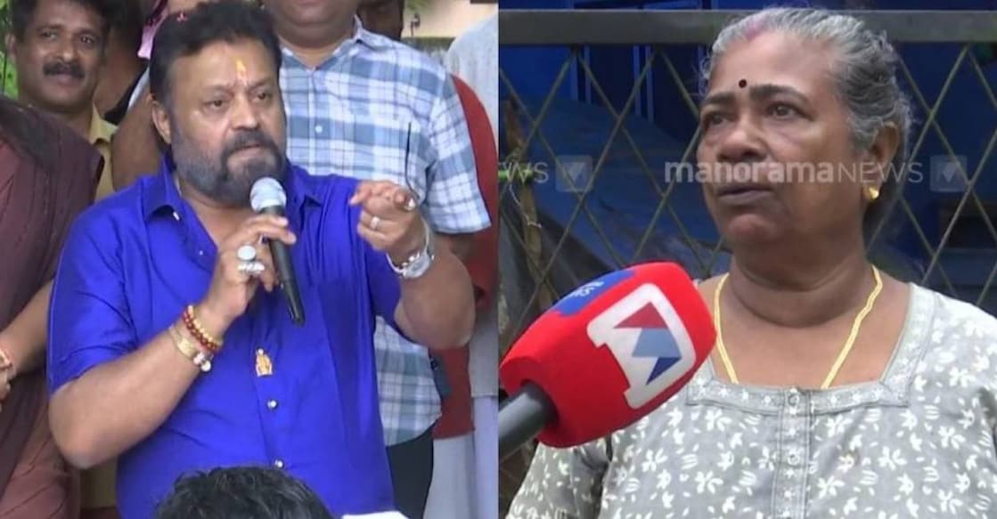 This combination of photos shows Suresh Gopi addresses public in Thrissur and Aanandavally. Photo: Manorama News