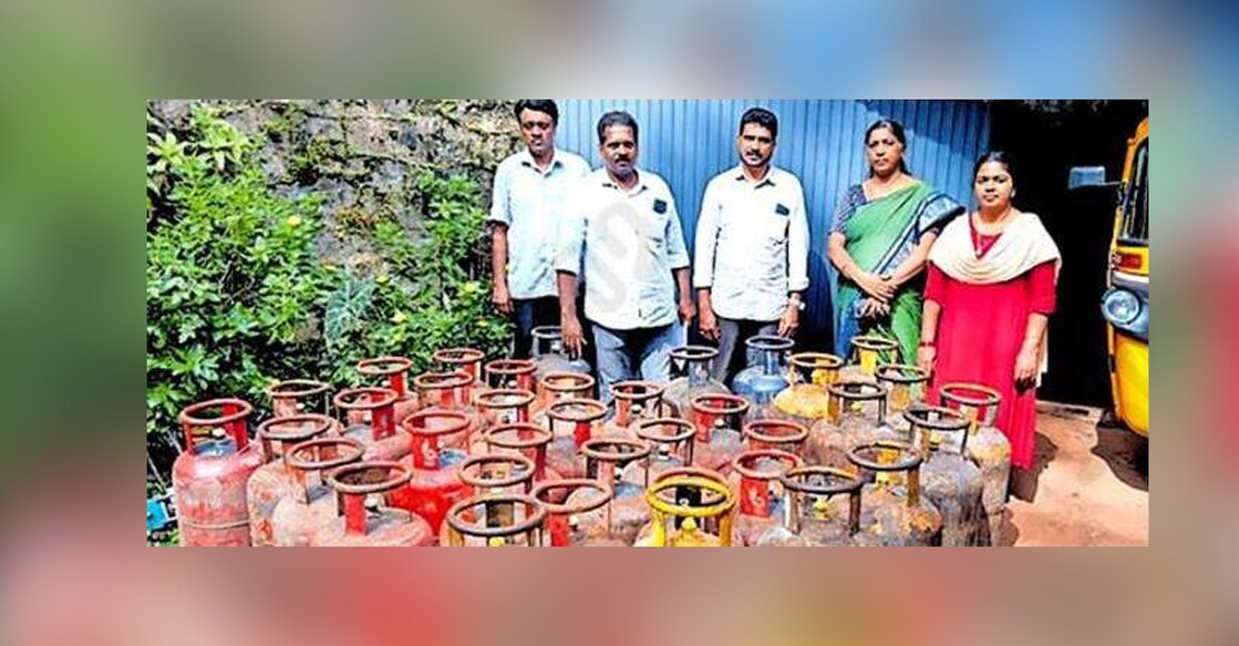 LPG cylinders seized from a shed near Cherumoodu St. Antony’s Church, Vellimon. Photo: Manorama
