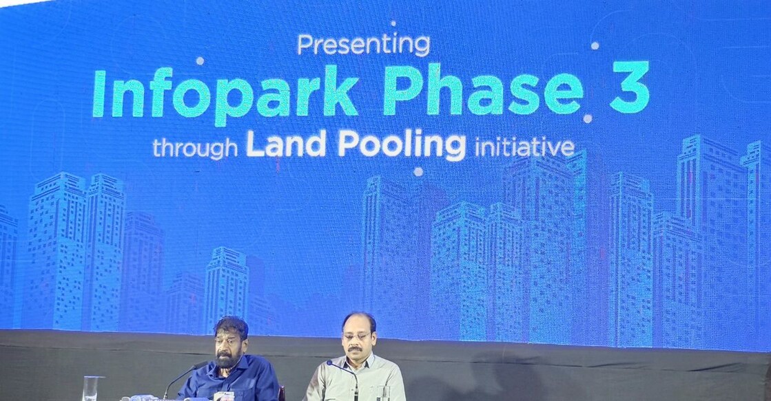 GCDA Chairman K Chandran Pillai and Infopark CEO Susanth Kurunthil explaining the land pooling details at the press meet. Photo: Special Arrangement.
