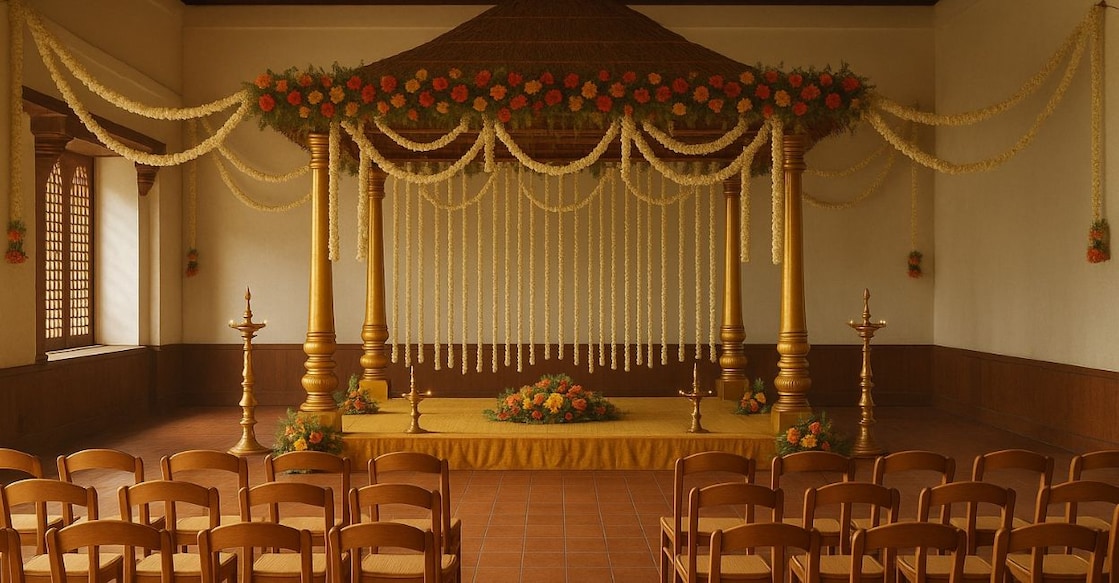 An AI-generated image of a wedding mandapam. 