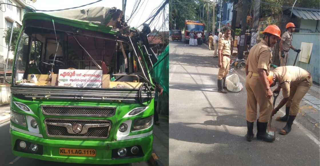 A bus collided with a crane in Tripunithura, Kochi, injuring around 20 passengers. Photo: Special Arrangement.