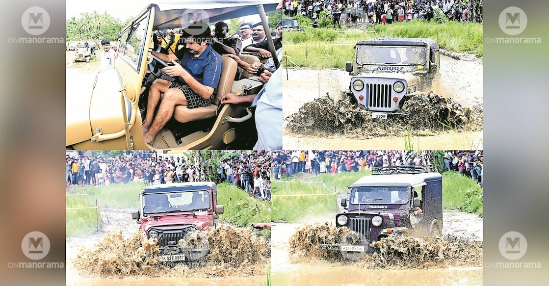 1) Aryadan Shoukath MLA racing a jeep through mud to inaugurate the Vandipoottu race, organised in connection with the Nilambur Tourism Conclave. 2, 3, 4) Scenes from the mud race, organised jointly by the Nilambur Tourism Organisation and Wild Wheels Adventure Club. Photos: Manorama. 

