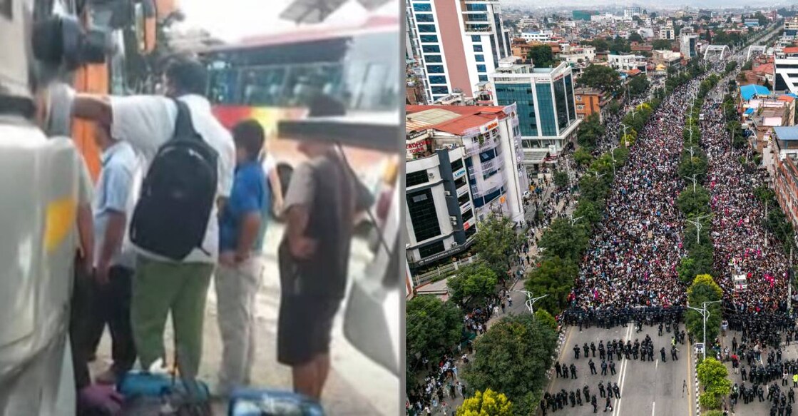 Keralites stranded in Nepal's Gosala (L) and protesters march in Nepal (R). Photo: Screengrab/Manorama News, AFP