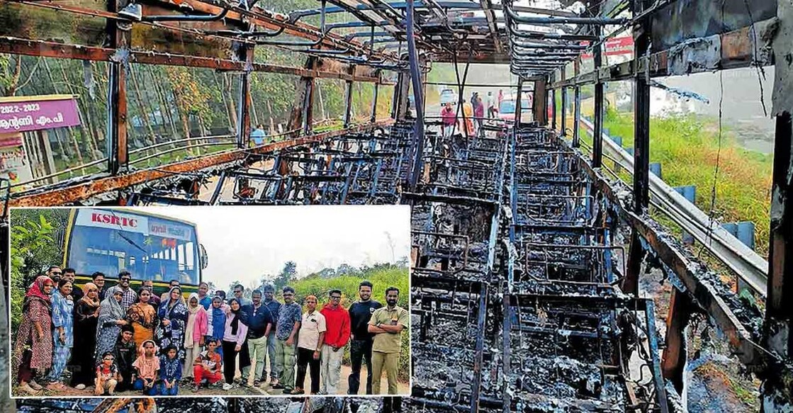 1. The interior of the burnt-out KSRTC bus. , 2. (Inset) The passengers who escaped from the KSRTC bus that caught fire near Manimala, upon their arrival in Gavi on another bus.