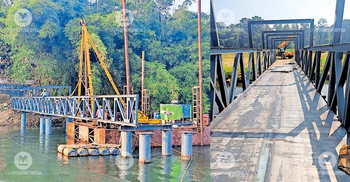 Combo image of the temporary bridge, constructed using new technology, connecting Cheppalli Purayidam to the Maramon convention venue (L) and view from the temporary bridge connecting Cheppalli Purayidam to the Maramon convention venue.