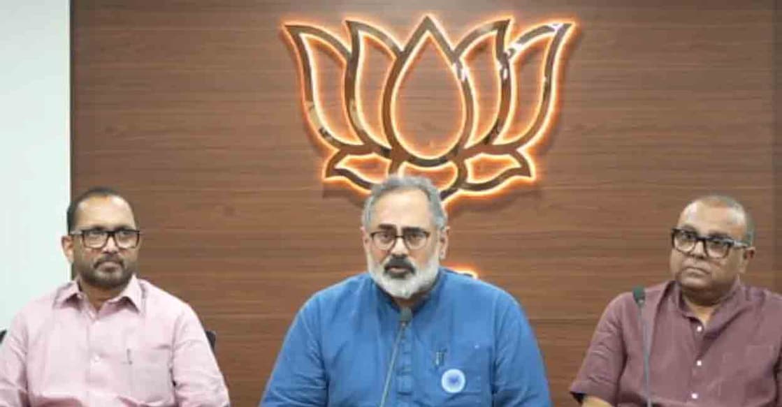 Former BJP state president K Surendran, BJP state president Rajeev Chandrasekhar and Bharath Dharma Jana Sena head Thushar Vellappally. Photo: Facebook/ BJP Keralam