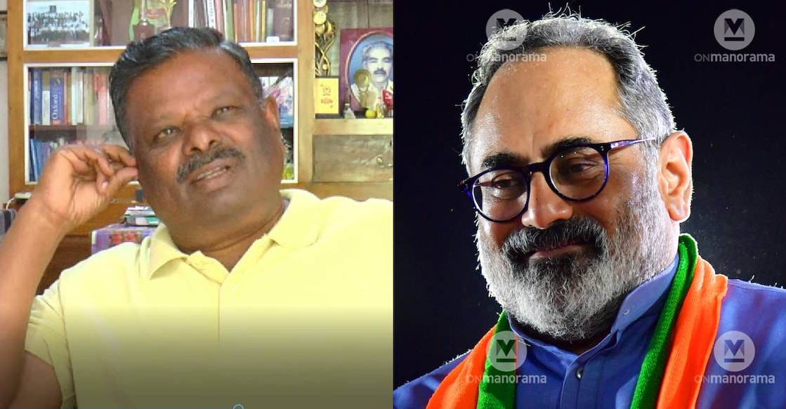 Former CPM MLA S Rajendran and BJP Kerala president Rajeev Chandrasekhar. Photo: Special Arrangement, Manorama Archives