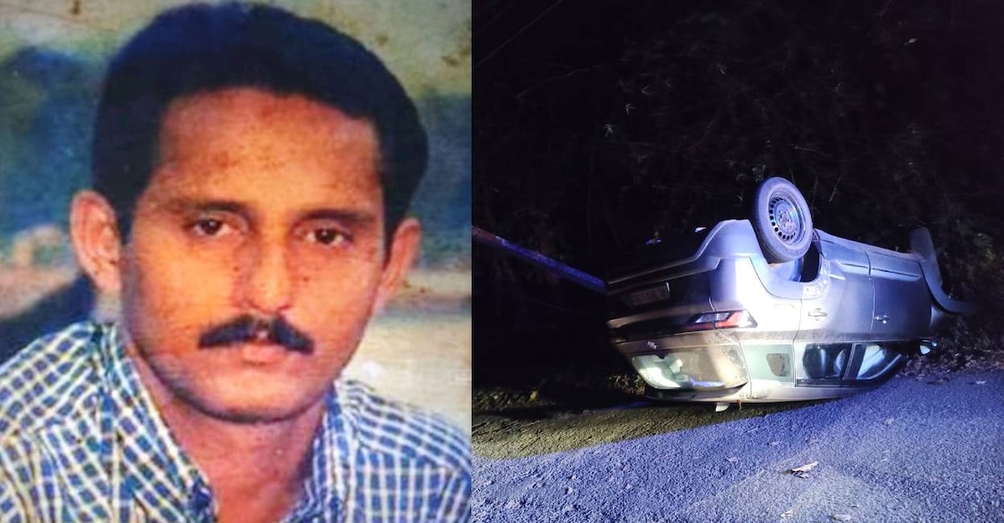 Sajeev (L) and view of the car met with the accident (R). Photo: Special Arrangement