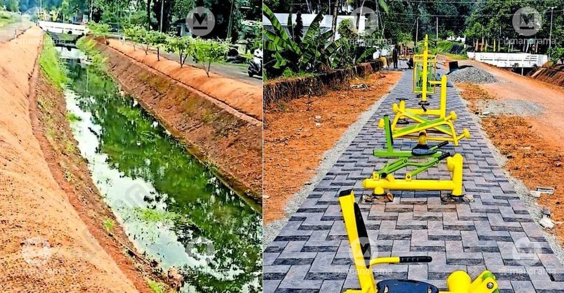 1) The banks of the MVIP canal reinforced with geotextile to prevent erosion, 2) The open gym built near the MVIP canal in Omalloor, Manjoor Panchayat. Photos: Manorama. 



