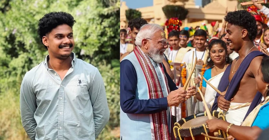 1) K V Pranav, 2) Prime Minister Narendra Modi beating Pranav's chenda. Photos: Special Arrangement. 